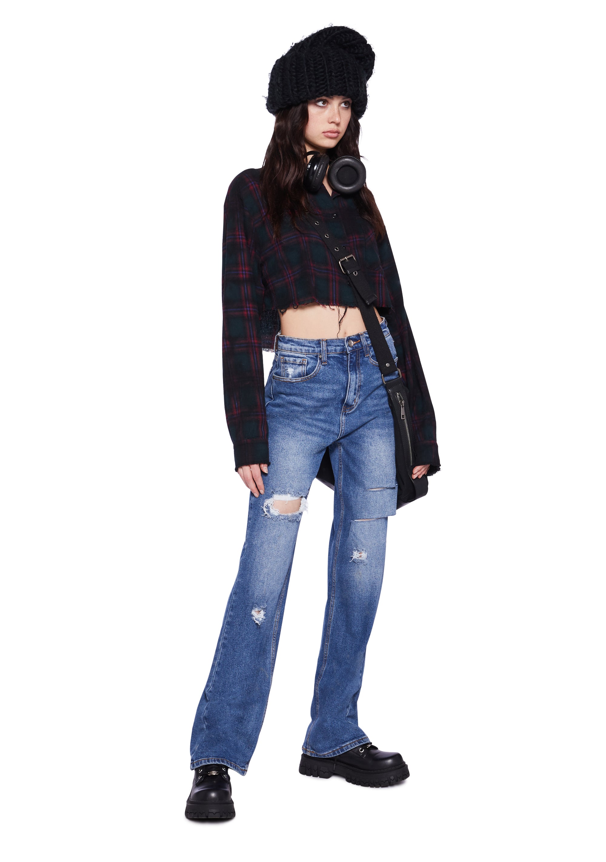 Alternative view of Distressed High Rise Straight Denim Jeans -  Dark Blue