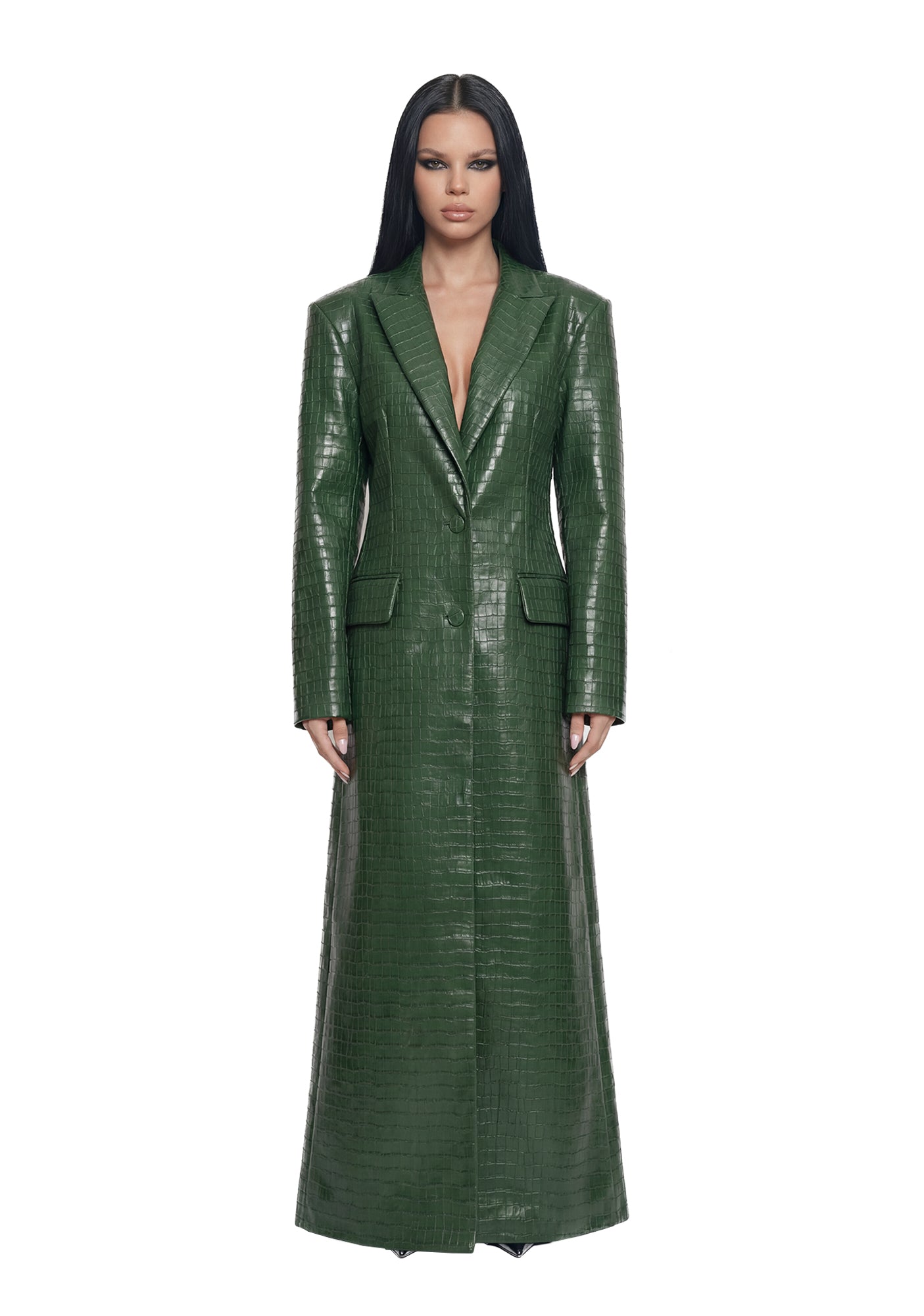 Leather Elongated Blazer Coat - Green