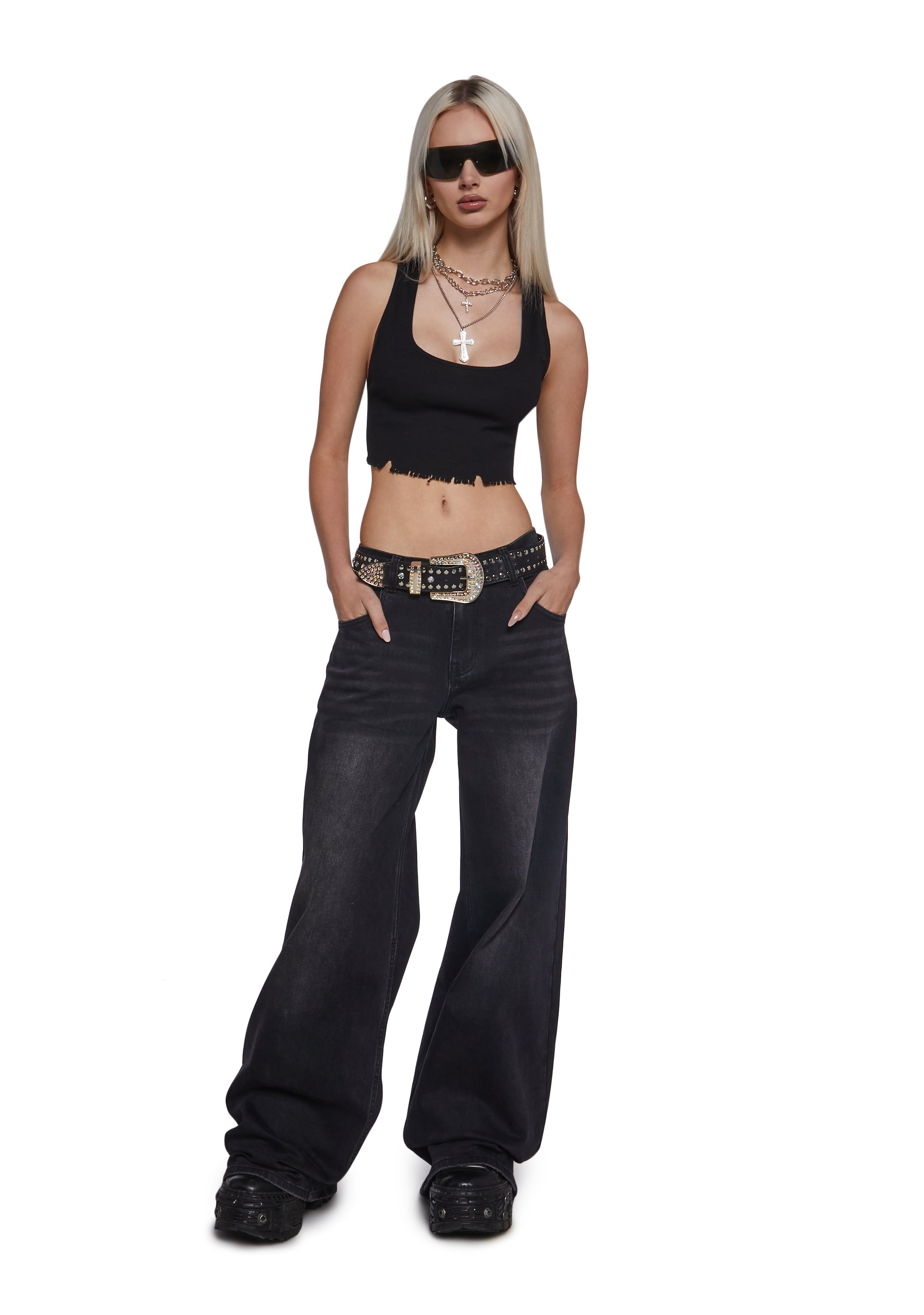 Alternative view of Sinful Attitude Wide Leg Jeans - Black Glitter