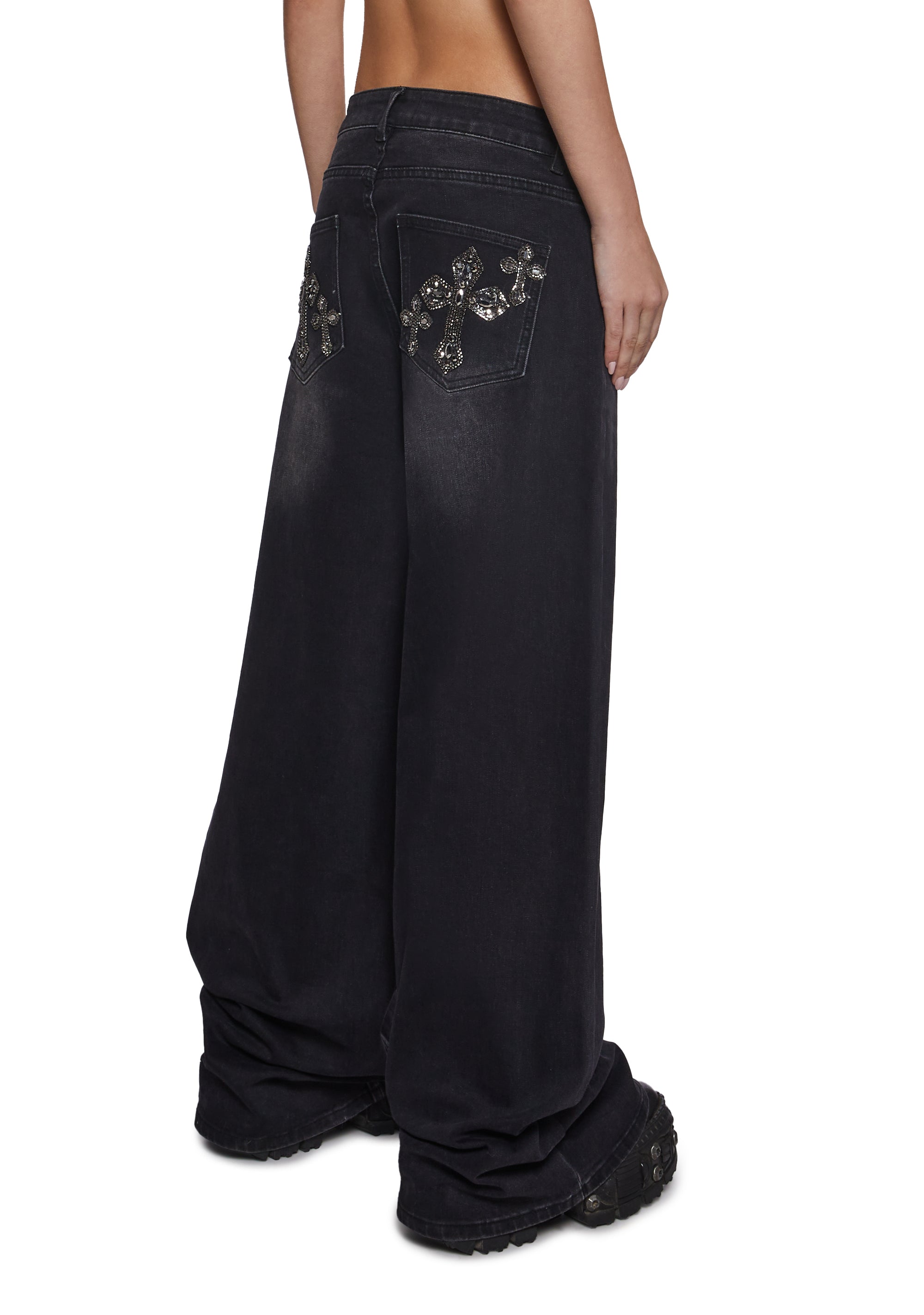 Sinful Attitude Wide Leg Jeans - Black Glitter