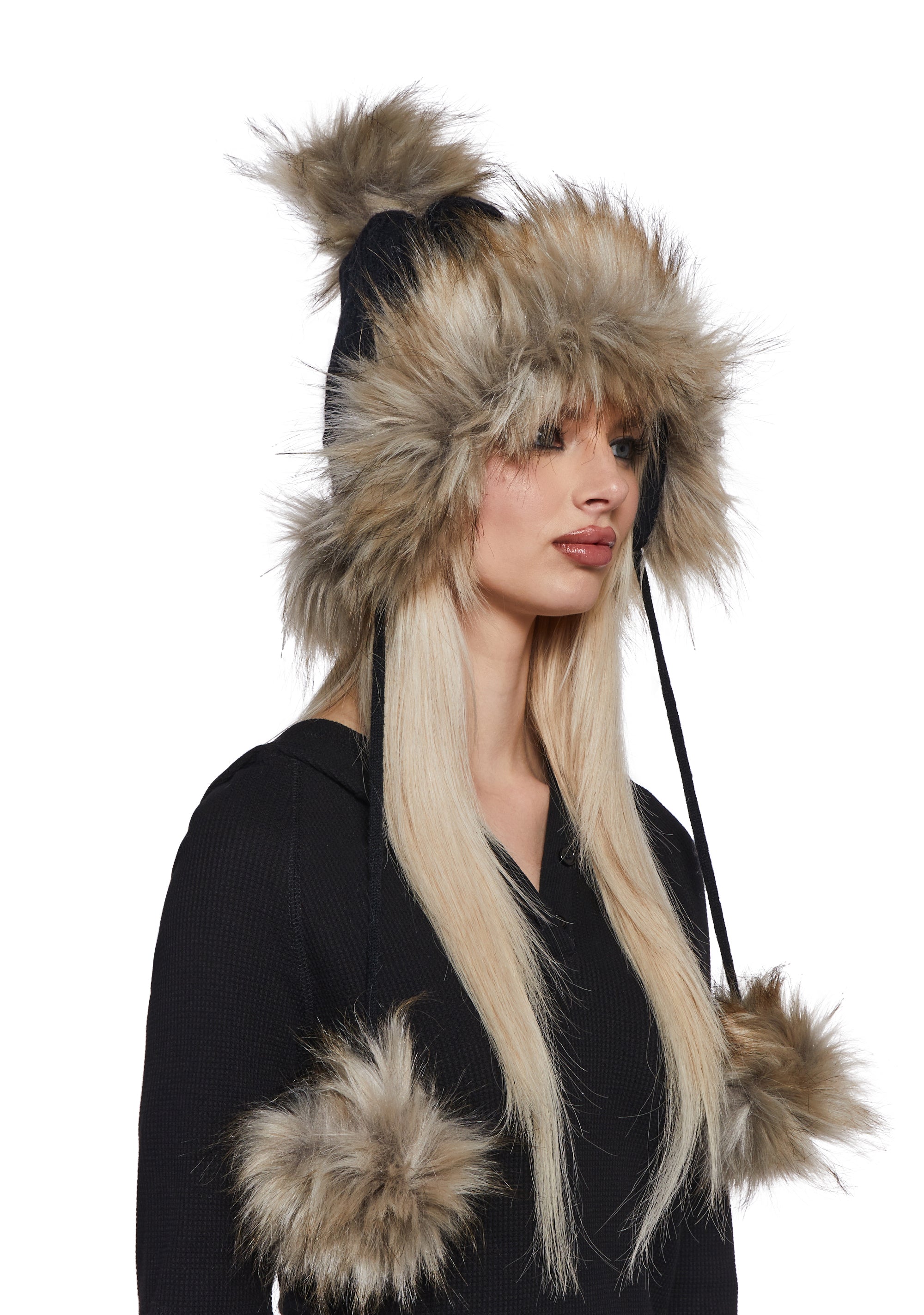 Alternative view of Bubble Pop Faux Fur Hat With Pom Poms - Black